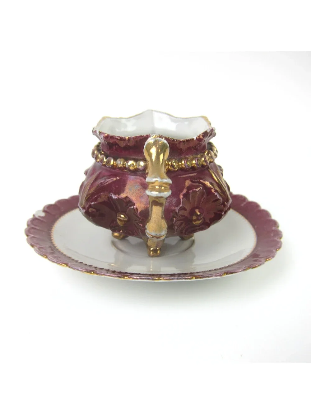Antique Porcelain Footed Tea Cup & Saucer Set Burgundy & Gold Floral Demitasse